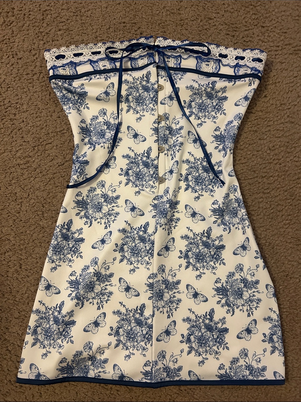 SHEIN White Strapless Dress with Blue Floral & Butterfly Print